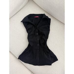 black button up tank top cinch waist linen size medium trendy